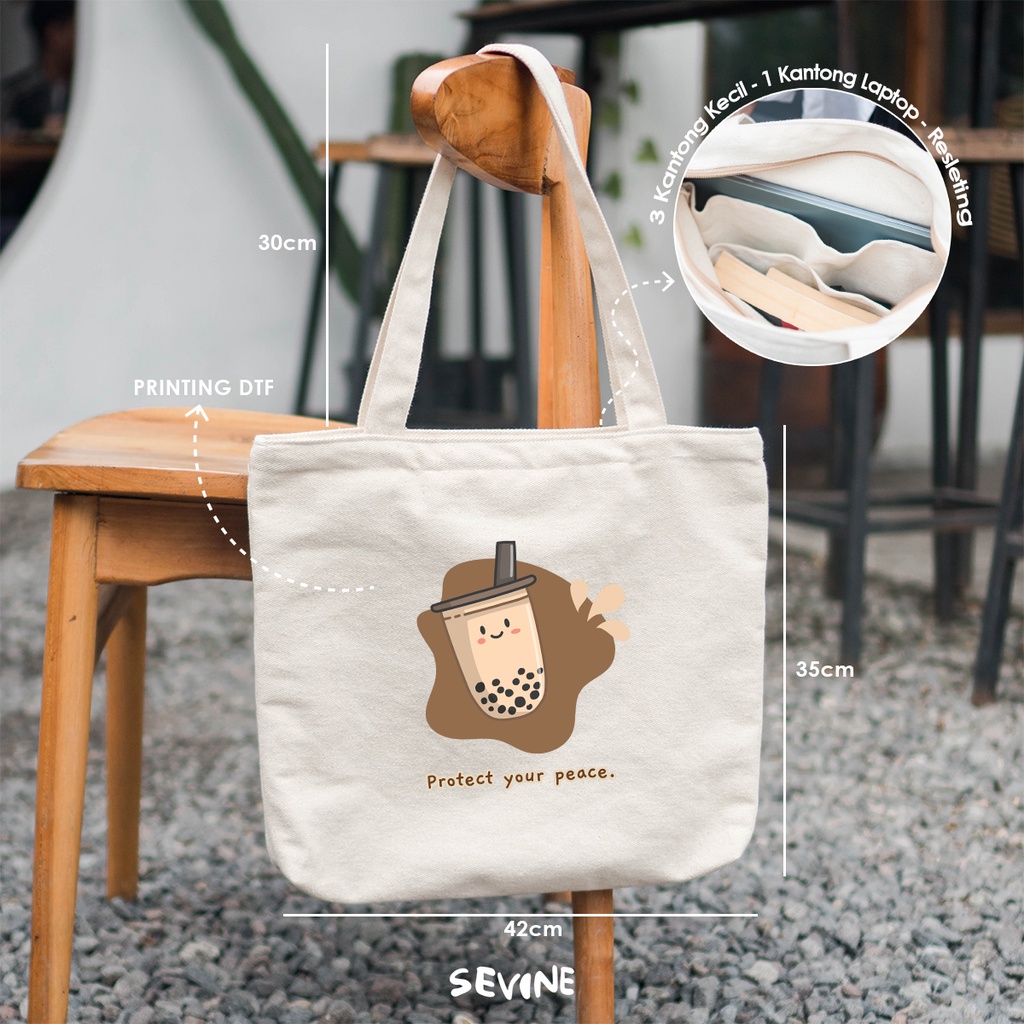 Sevine Tote Bag Kanvas Emily Resleting Kantong Tas Laptop Wanita Kuliah Sekolah Fashion Vintage Kerja Aesthetic - VT