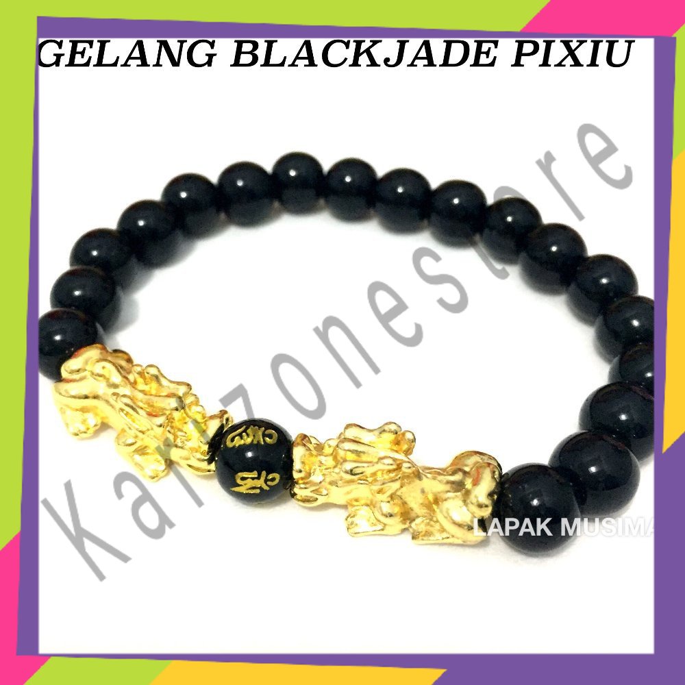 Gelang Giok Hitam Mantra Budha Kombinasi Pixiu - Gelang Feng Shui