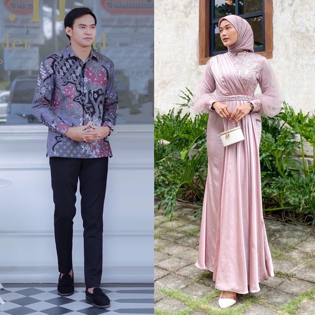 AZKANA BATIK - Gamis Couple Adeeva Dress Kondangan Dan Lebaran Modern Dress Satin Mix Brokat Payet Premium Dress Sarimbit Modern Gamis Couple