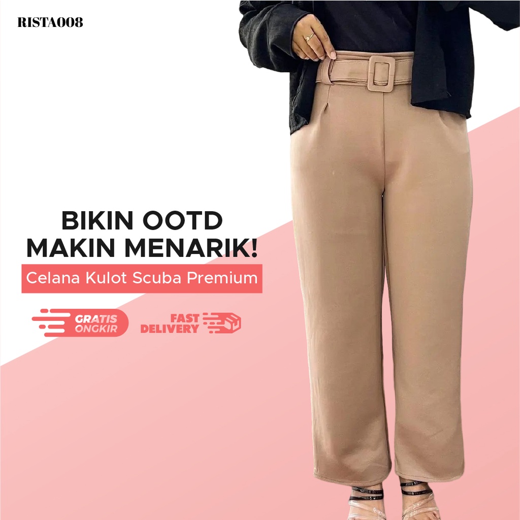 Celana Panjang Kulot Scuba Sabuk Highwaist Pants Outfit Remaja Kekinian Casual Simple