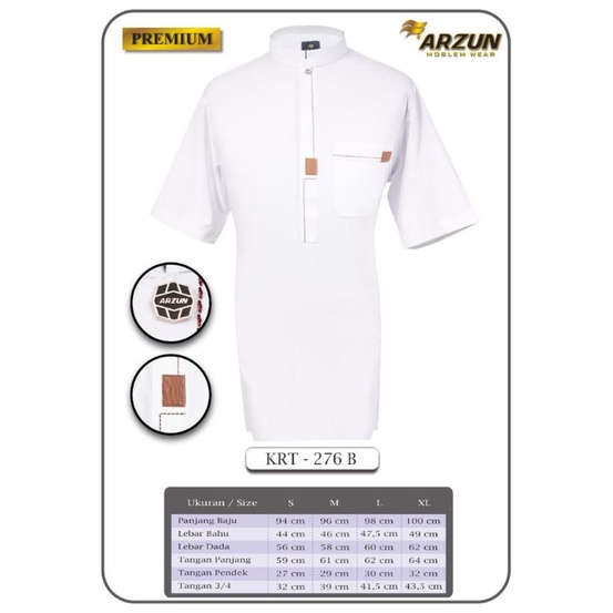 Koko Kurta Pakistan Arzun Premium Putih Lengan Panjang Lengan Tiga 3/4 Lengan Pendek Koko Kurta Paki