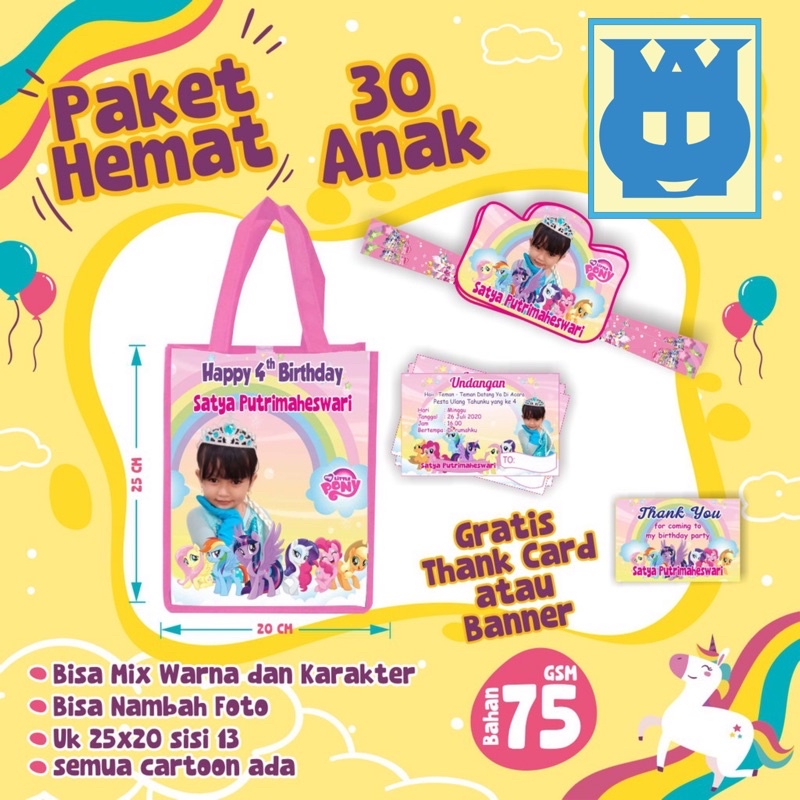 

PAKET HEMAT 30 Paket / Gratis Bacdrop / Tas Souvenir, Topi Ultah & Undangan Ulang Tahun
