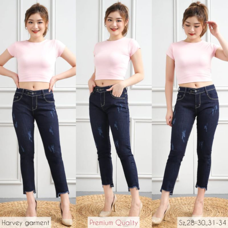 CELANA JEANS WANITA 7/9 HARVEY GARMENT KANCING 2 CAKAR DAN POLOS 27-34