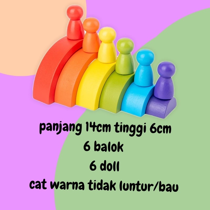 Balok Pelangi / Rainbow Block + Peg Doll Mainan Edukasi Balok Susun Pelangi