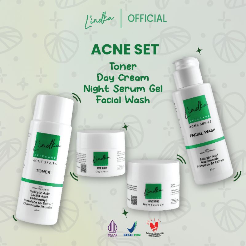 [PAKET JERAWAT] L'indka Acne Series Set (Day Cream &amp; Night Serum Gel &amp; Facial Wash &amp; Toner) Lindka Skincare BPOM Halal