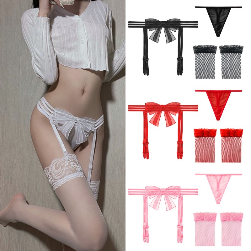 Lingerie Sexy Hot Transparan G String Busur pita Garter Belt  Set Lingerie 3T10