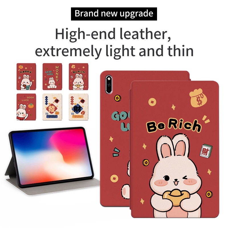 Untuk Huawei MatePad 10.4 (2022 /2020) BAH4-W09 BAH4-AL10 BAH3-W09 BAH3-AL00 BAH3-L09 W59 Tablet Case Fashion NewYear Festival Pola Kelinci Lucu Flip Stand Casing Cover Pelindung