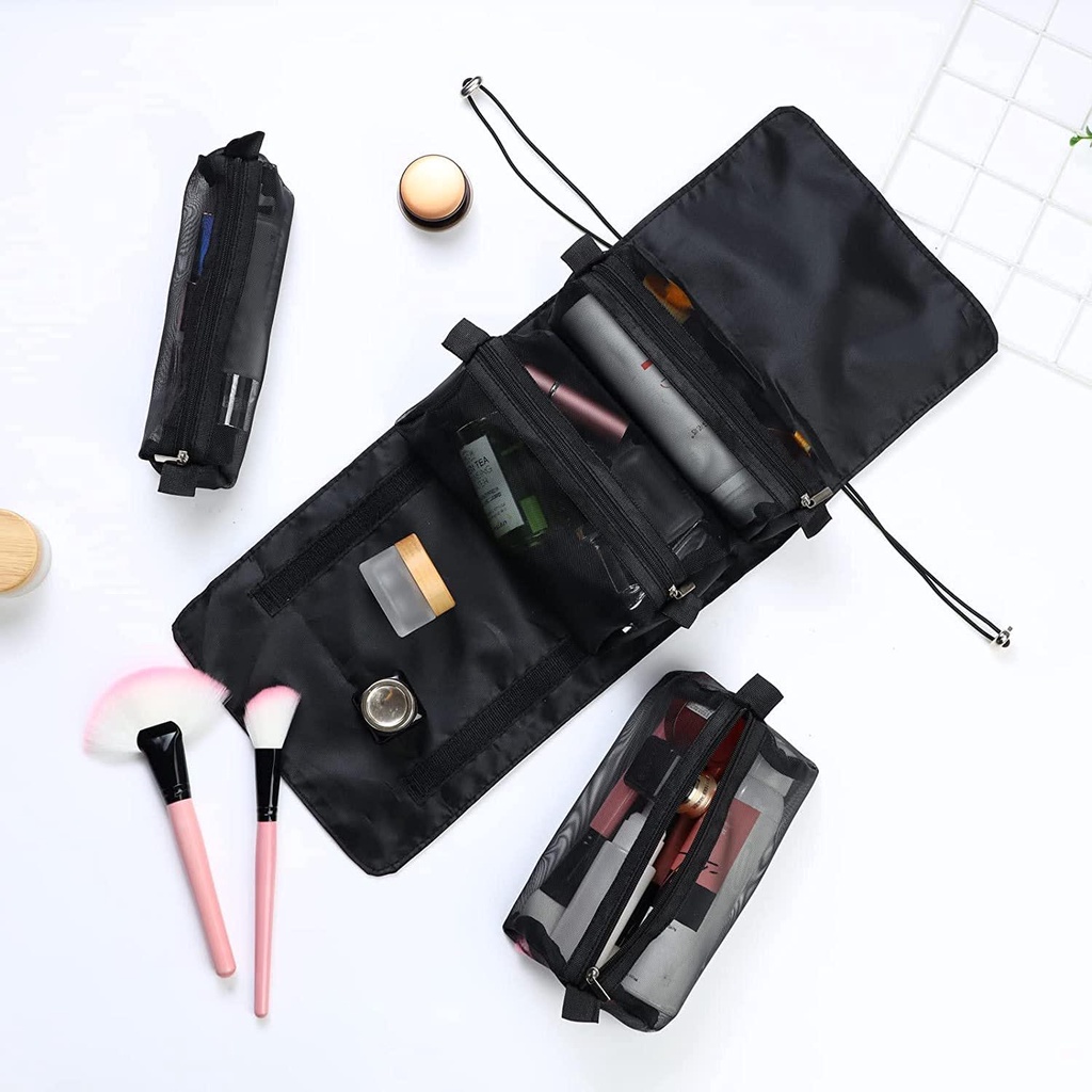 Pouch / Tas Make Up 4 in 1 Roll Portable Organizer Alat Kosmetik / Skincare / Kuas Wajah Mudah Dibawa Travel Dapat Dilepas Praktis Elegan Transparent Black