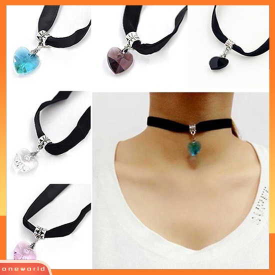 [WONE] Wanita Retro Gothic Beludru Berlian Imitasi Jantung Liontin Choker Kerah Kalung