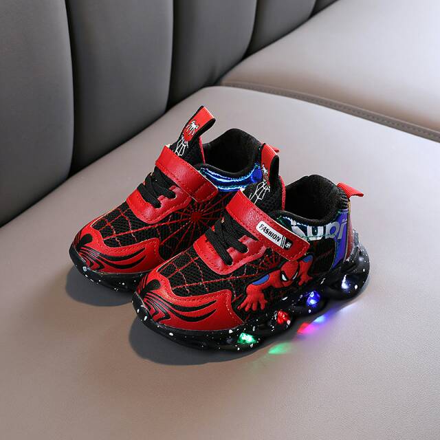 Sepatu anak spiderman new led gliteran manik manik kedap kedip merah// hitam