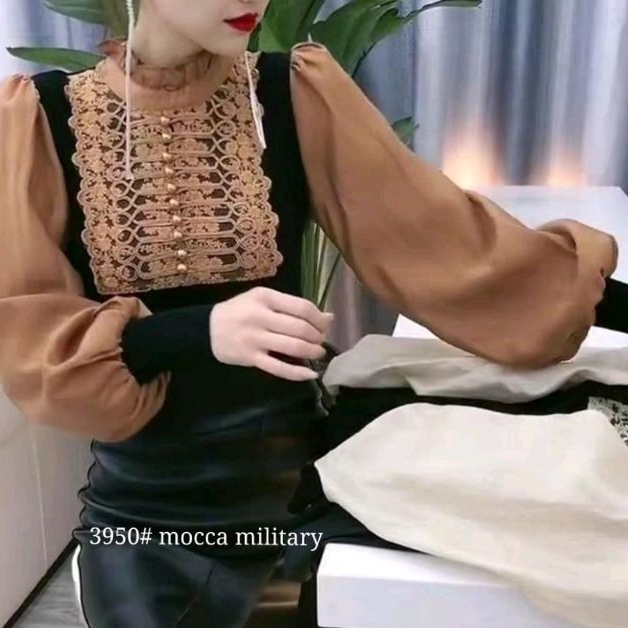 3950 Baju atasan MILITARY COLLAR SHIRT blouse lengan panjang Velvet bludru Korea Korean style wanita
