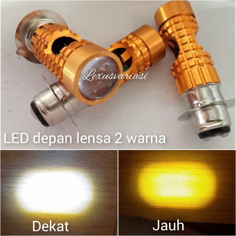 lampu depan LED h6 laser 2warna lensa hilow putih kuning plus senja biru bebek matic