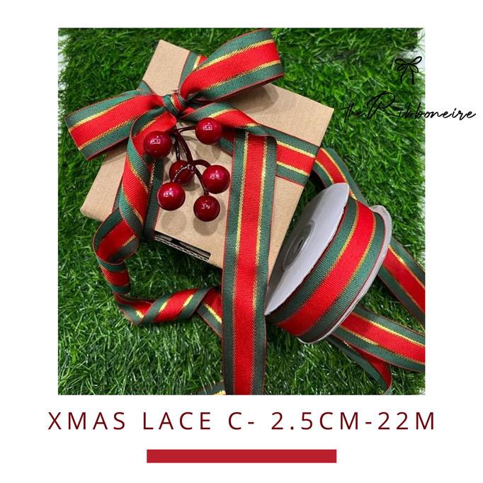 

[BISA COD] Pita Natal Gold Stripe Merah Hijau Per Roll P:22m L:2.5cm