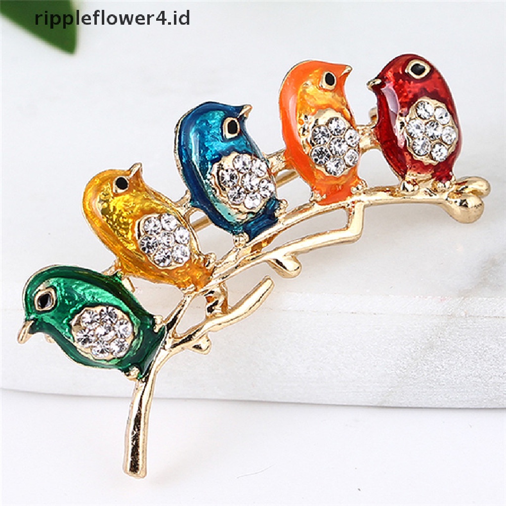 {rippleflower4.id} Enamel Lima Burung Bros Pin Kristal Berlian Imitasi Kerah Klip Hewan Bros Hadiah~