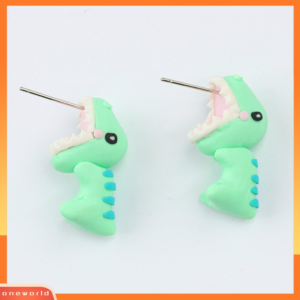 [WONE] Wanita 3D Kartun Dinosaurus Menjuntai Hewan Gigitan Polymer Clay Stud Earrings Untuk Pesta