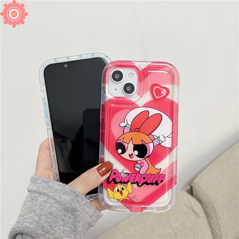 IPHONE Casing Ponsel Anak Perempuan Powerpuff Kompatibel Untuk Iphone14 13 11 12 Pro MAX XR 7plus 78 6 6S Plus X XS MAX Kartun Lucu Manis Cinta Hati Bening Shockproof AiRbag Lembut TPU Penutup Belakang