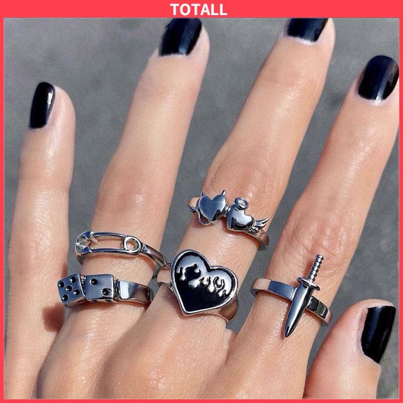 COD Domingo Ring Alloy peniti dadu love pedang retro silver cincin wanita fashion korea 5 set-Totall