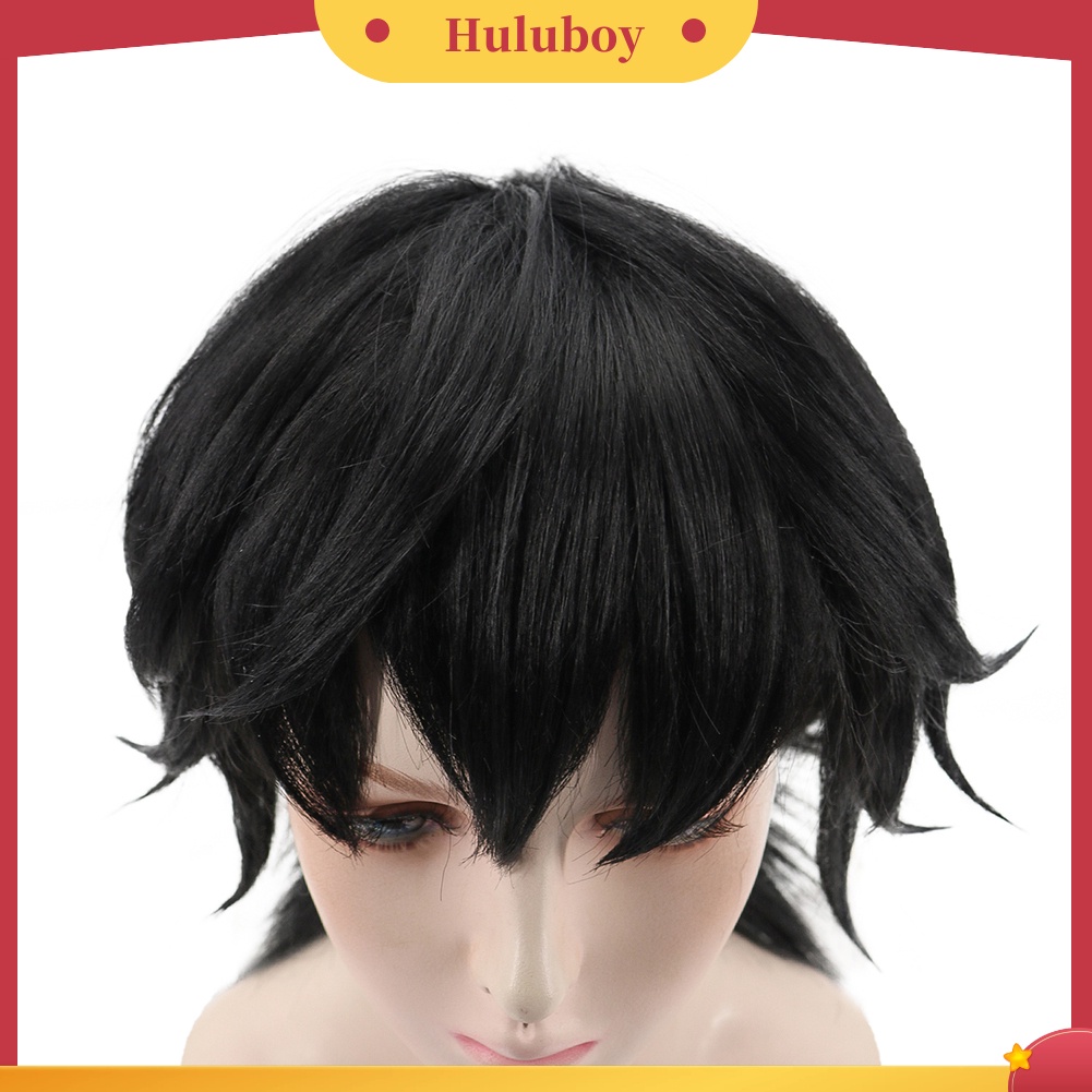 Wig Rambut Sintetis Tahan Panas Warna Hitam Dengan Poni Untuk Cosplay Anime