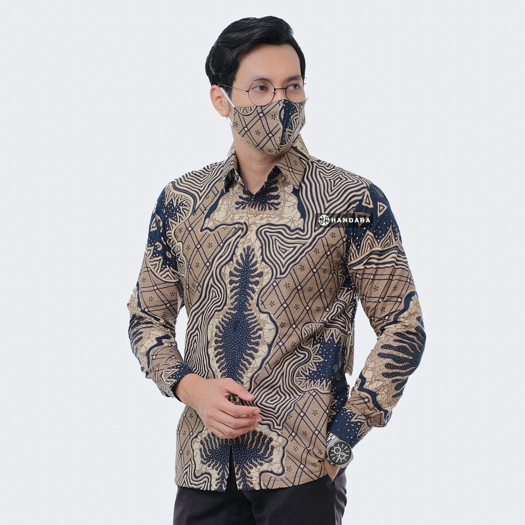 Baju Kemeja Batik Pria Lengan Panjang Slim Fit Premium Modern Full Furing Katun Halus Original Handara Motif Sumitro Krem Biru Navy HB-294