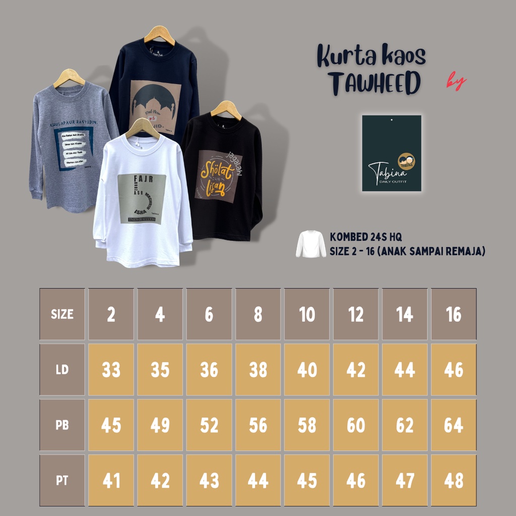 Kaos Kurta Anak Laki-Laki dan Remaja Lengan Panjang Tabina Seri Tawheed Pekat usia 2 hingga 16 tahun