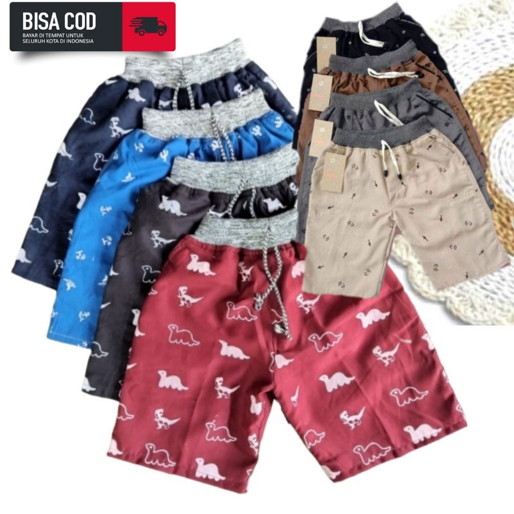 Celana Pendek Anak Rib Motif Pinggang Full Karet Usia 3-12 thn/Celana anak motif printing full sablon termurah