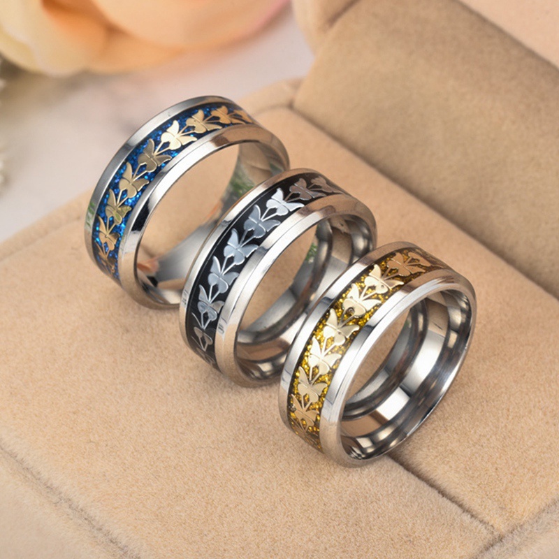 Korea Fashion Inlay Butterfly Rings Untuk Wanita Pria Hip Hop Pesta Perhiasan Hadiah Cincin Baja Titanium