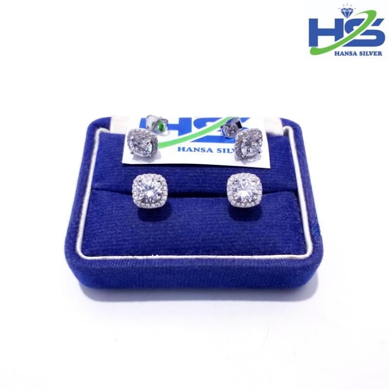 Anting Perak Asli Silver 925 Lapis Emas Putih Model Tusuk Giwang Batu Putih Kotak Dan Bulat - Anting Wanita Anti Karat