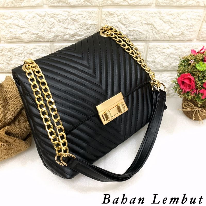Premium Tas Selempang Wanita Tali Rantai Gold Kekinian Cantik Sling Bag cewek Bahan Kulit Lentur Emp