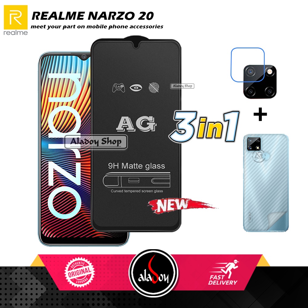 Paket 3IN1 Tempered Glass Layar Matte Anti Glare Realme Narzo 20 Free Tempered Glass Camera dan Skin Carbon