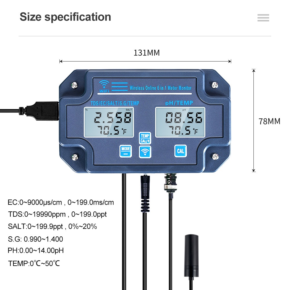 PH Meter Water Monitor WiFi 6in1 PH EC TDS Salinity SG Temperature PH-W3988