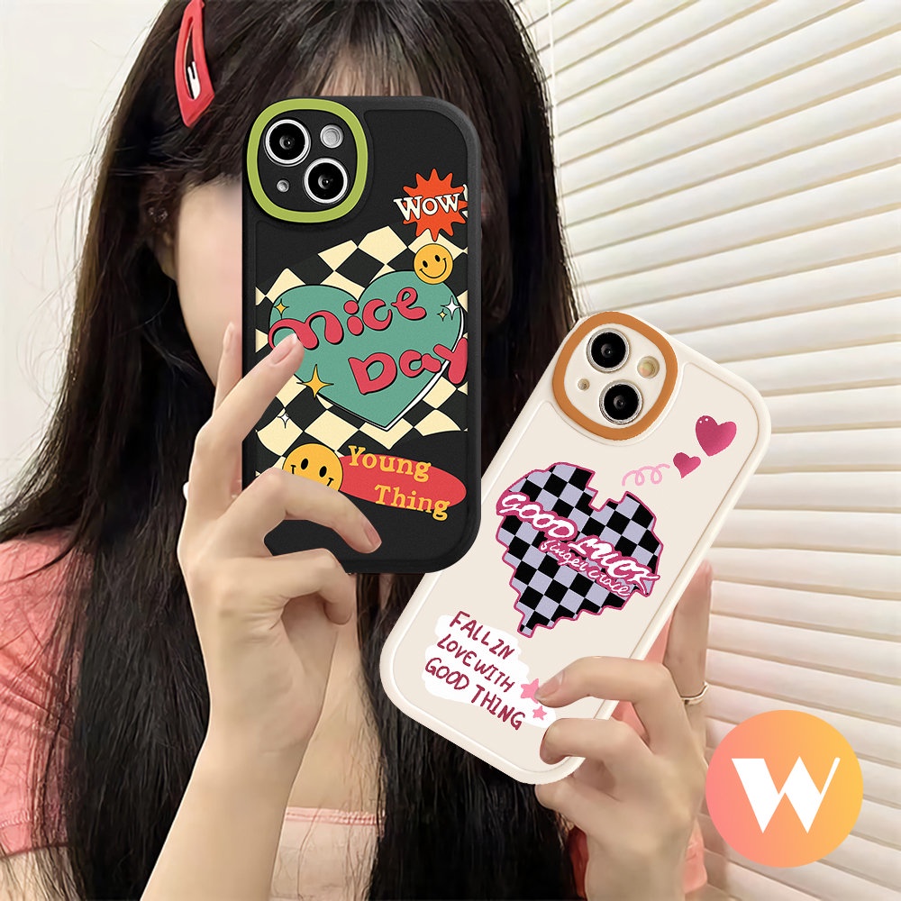 Casing Ponsel Motif Kotak-Kotak Tpu Lembut Kompatibel Untuk iPhone 11 Pro Max7 8 6s 6 Plus XR X XS Max 13 14 11 12 Pro Max SE 2020couple Cute Smile Love Heart Shockproof Back Cover