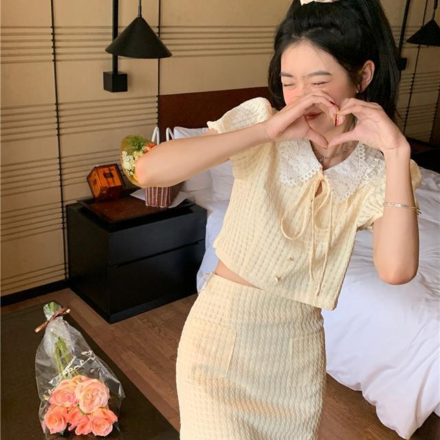 Suhao setelan dua potong Qianjin~Xiaoxiang setelan jaket kerah boneka lengan engah wafel + rok ramping dengan pinggul