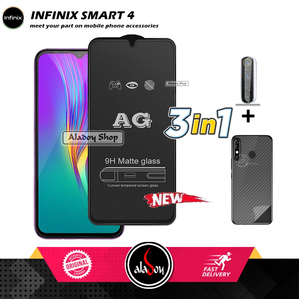 Paket 3IN1 Tempered Glass Layar Matte Anti Glare Infinix Smart 4 Free Tempered Glass Camera dan Skin Carbon