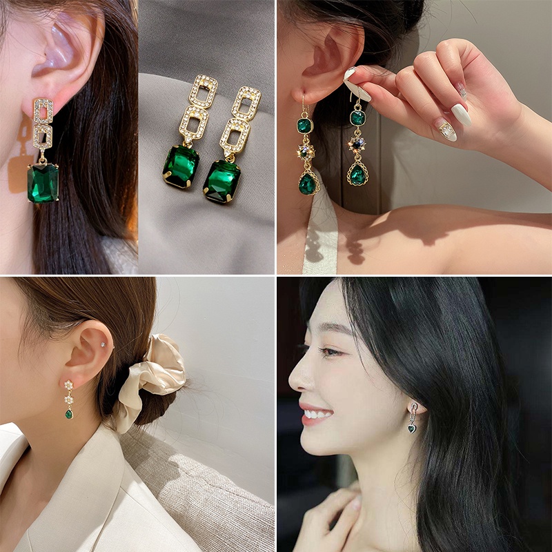 Korea Fashion Zamrud Geometris Persegi Droplet Ear Hook Bunga Kristal Panjang Rumbai Wanita Anting Perhiasan Pesta Pernikahan