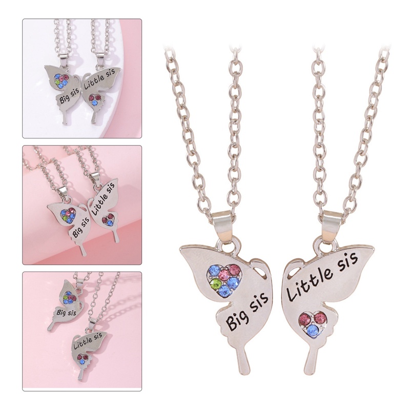 2buah Sister Kalung Hati Piece Liontin Untuk Wanita Besar Sis Kecil Sis Kupu-Kupu Bertatahkan Zirkon Perhiasan Perjamuan Hadiah
