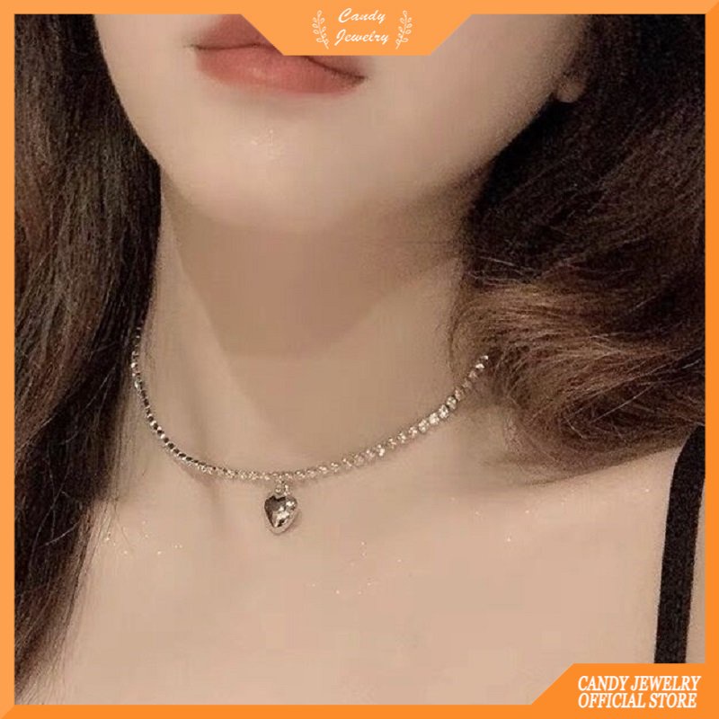 Kalung Rantai Klavikula Hias Liontin Hati Berlian Gaya Hip Hop Untuk Wanita
