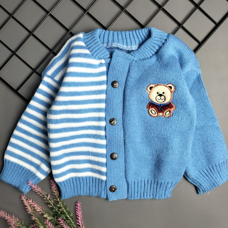 jacket mantel sweater rajut bayi 0-12 bulan bear garis