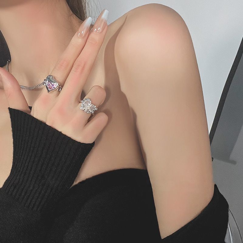 Set Cincin Batu Permata Perak Korea Untuk Wanita Cinta Hati Jari Cincin Perhiasan Y2K Aksesoris