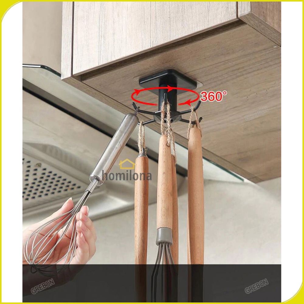 GREBON Gantungan Peralatan Dapur 6 Hook Hanger Strong Adhesive Hook - E008 - Black