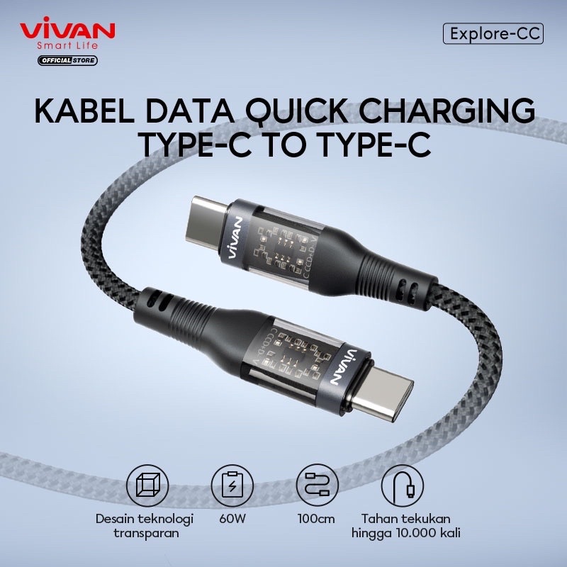 VIVAN EXPLORE CL / EXPLORE CC Kabel Type C to iPhone / Type C to Type C 60W Fast Charging Power Delivery Support iPhone 13 Notebook - Garansi Resmi