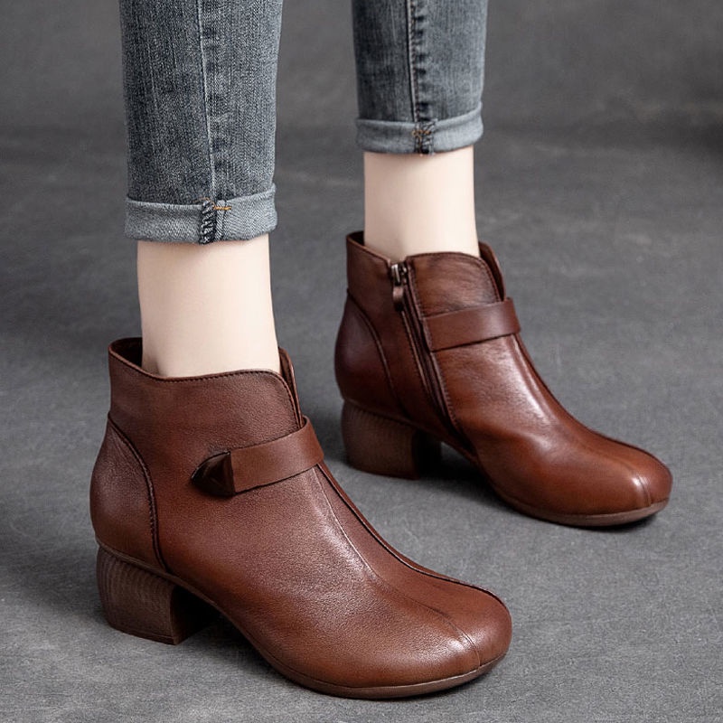 Mewah Kerja Korea Cantik Kulit Asli Sepatu Martin Boots Wanita Cewek PDH Kuliah Klasik Santai Resleting Hak Tinggi Nyaman 234