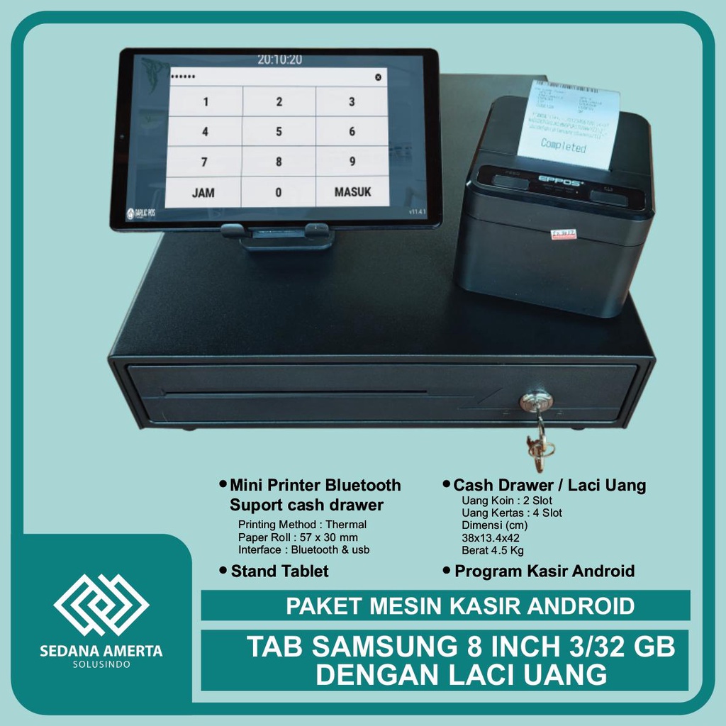 Paket Mesin Kasir Android POS Tablet/Tab Samsung 8 Inch 3/32 GB - PAKET LENGKAP : Tab, Laci Uang/Cash drawer &amp; Printer Thermal 58mm - cocok untuk Restaurant, Cafe,Resto,  Barber Shop, Vape Store, Retail