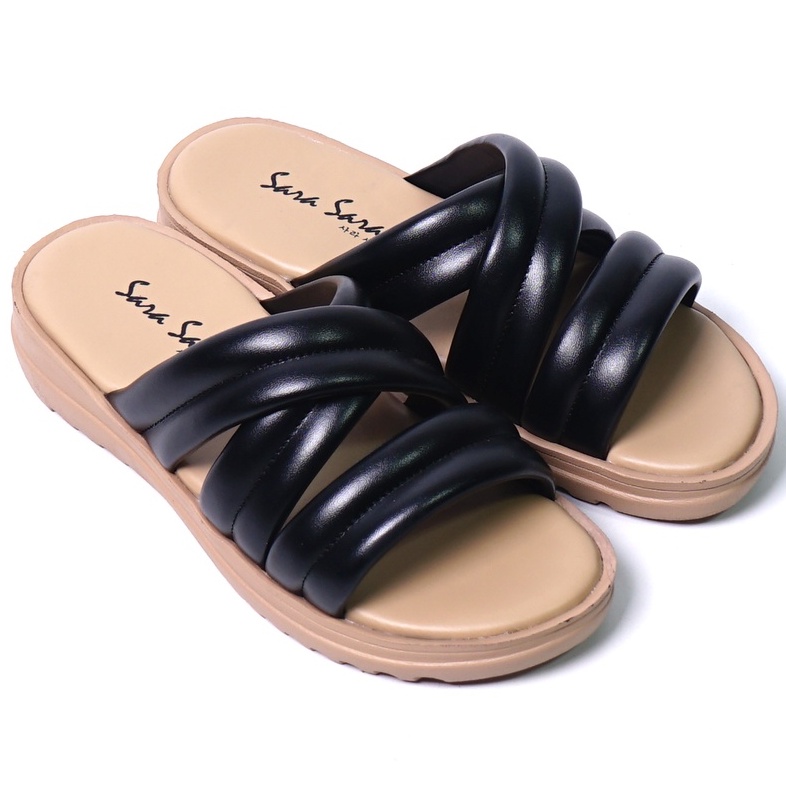 SARASARA YUK - Sandal Wanita Wedges SARA SARA DEKA Sendal Cewek Platform Wegdes Hak Tinggi 4cm Model Silang 2 Size 35 36 37 38 39 40 Pergi Jalan Santai Rumah Slop Belezza Warna Hitam Black Selop Premium Kekinian Terbaru Shoes ORI Mall Official Store