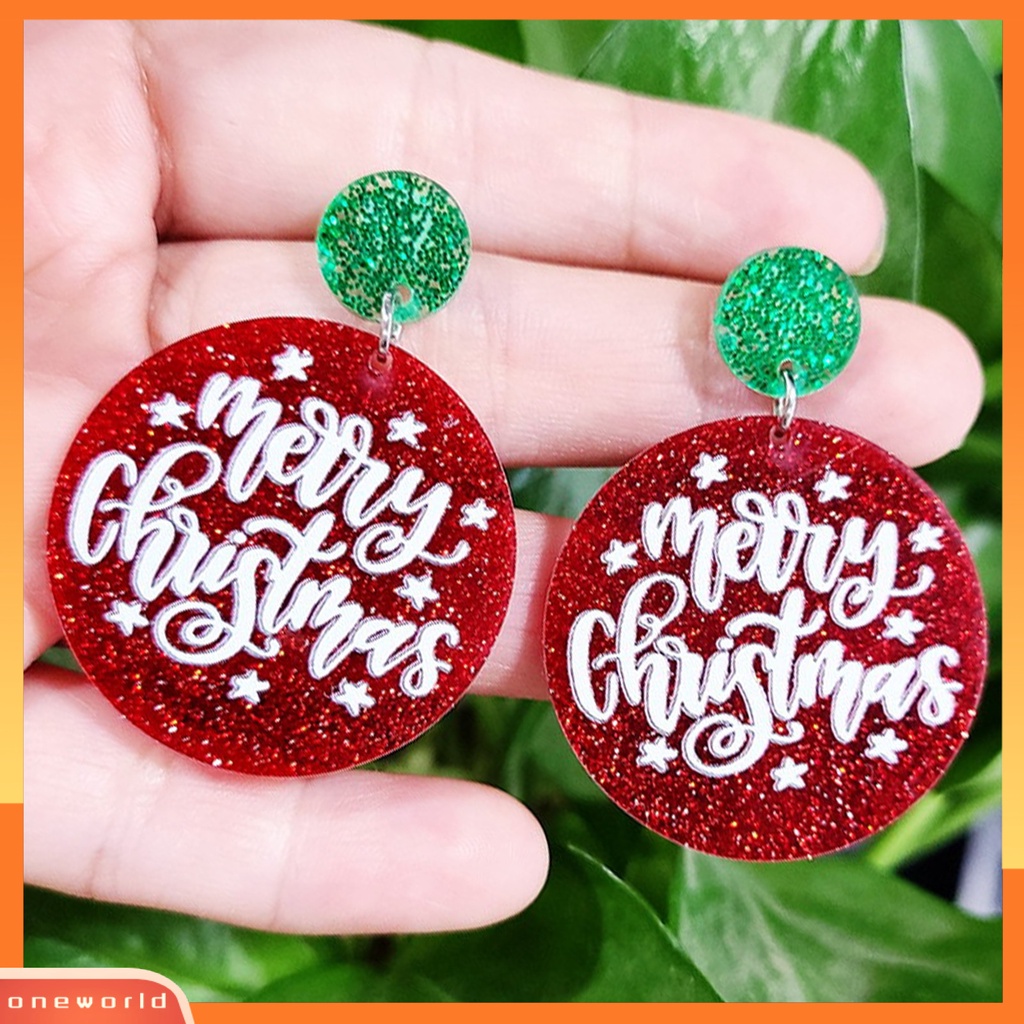 [WONE] 1pasang Anting Menjuntai Hias All-match Glittery Merry Christmas Geometrical Round Hoop Earrings Untuk Perjamuan