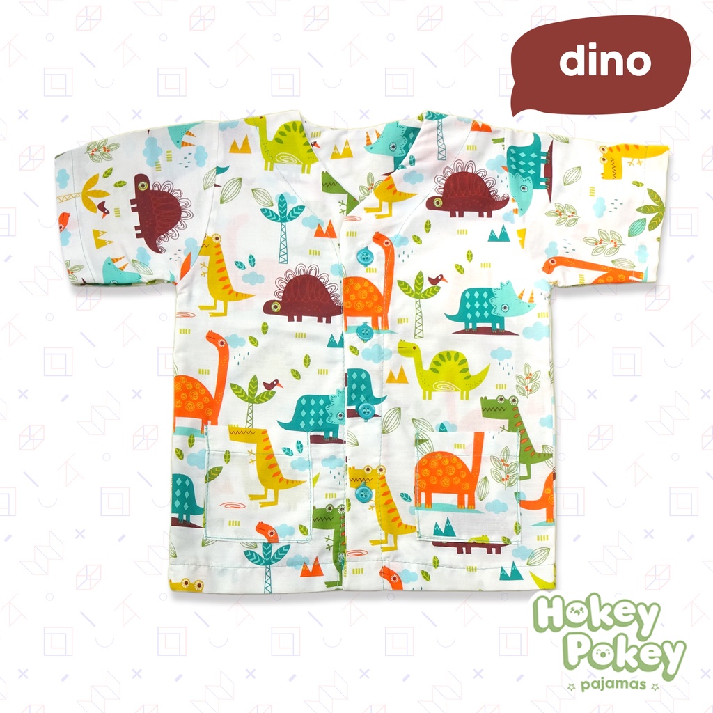 Setelan Baju Tidur Piyama Anak Laki Laki Tanpa Kerah Motif Dino Putih