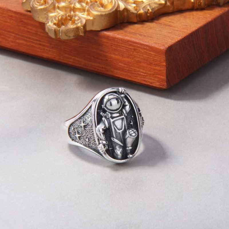 Retro Astronot Bulan Cincin Pria Trendi Hip Hop Pembukaan Cincin Pasangan Yang Dapat Disesuaikan