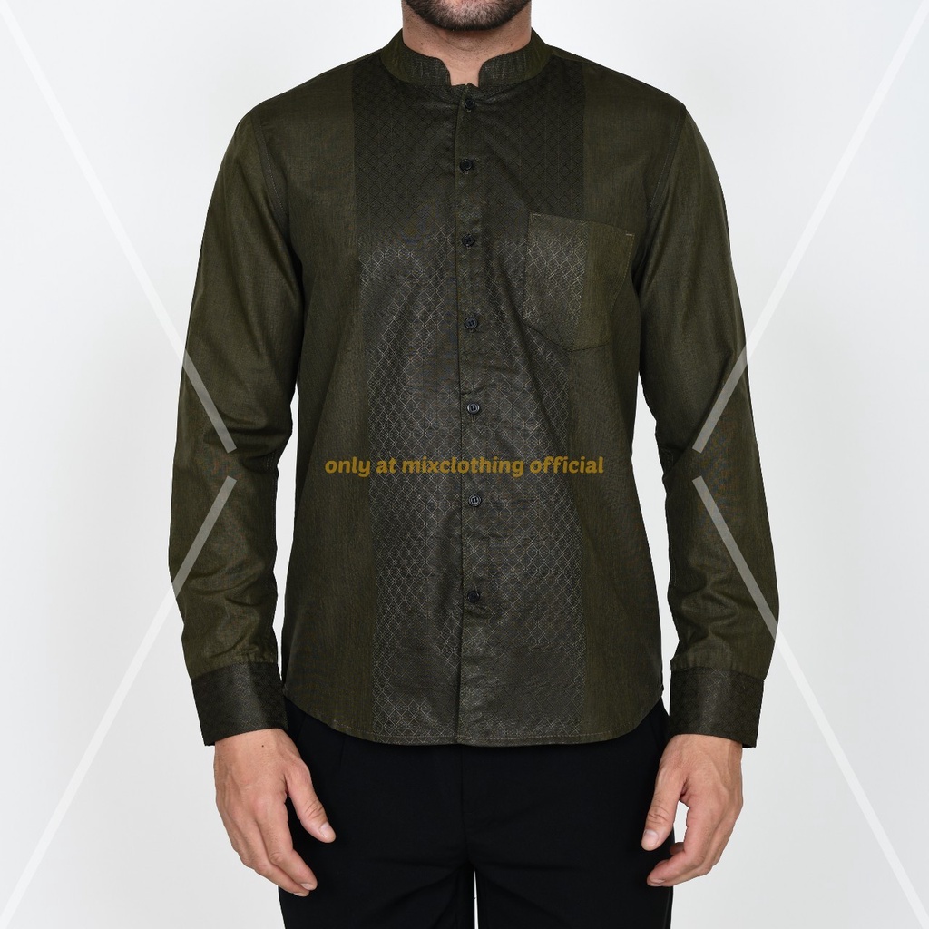 Timofey Koko Muslim Pria Lengan Panjang Slim Fit Premium Hem Lebaran Hijau Army