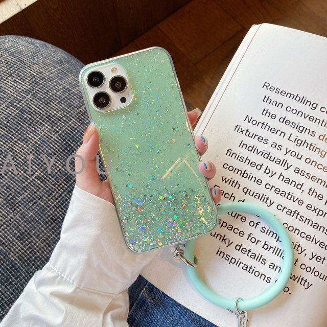 IPHONE Rantai Liontin Gantung Telepon Tali Pergelangan Tangan Ring Holder Case Untuk Iphone14 13 Pro Max11 12 Mini XS XR X6 7 8 Plus SE Bening Glitter Cover