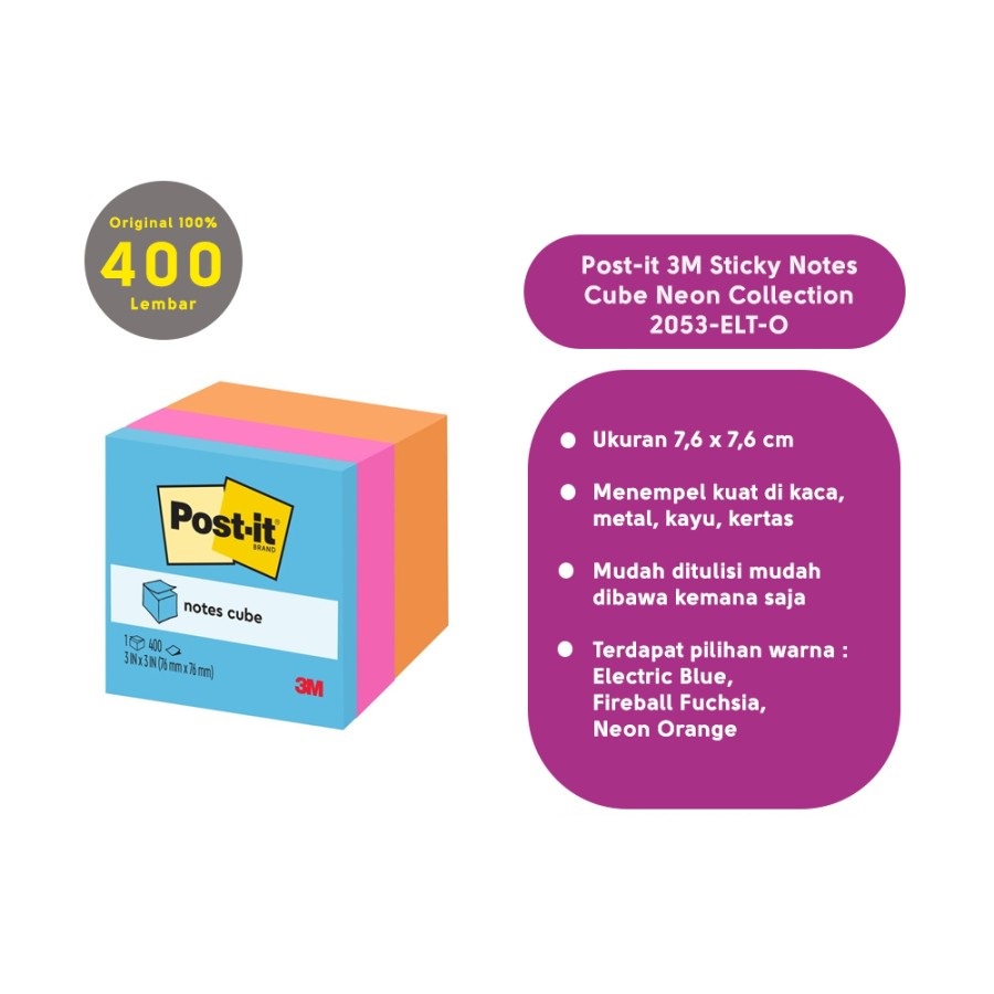 Ktmstore 3M post it sticky note neon color 2053-ELT-O 3&quot;x3&quot; 400lbr memo