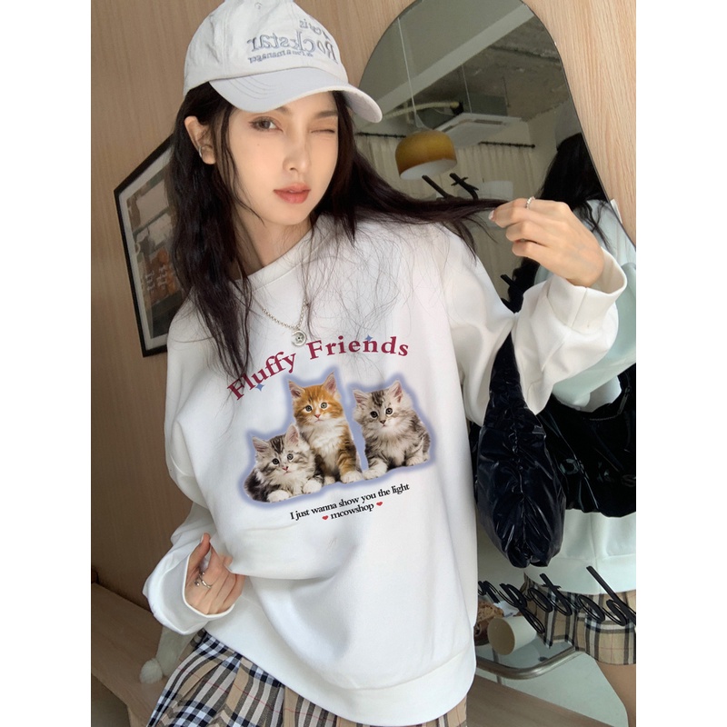 EUNII Sweater Lengan Panjang Three Cute Cat Korean Style/Hoodie Oversize/Baju Wanita/Switer Wanita